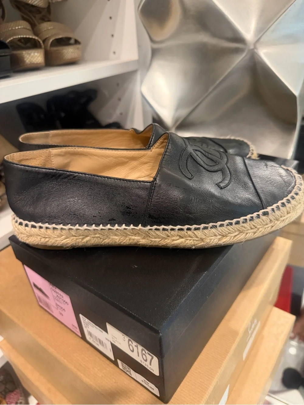 CHANEL Black Leather Espadrille Flats with CC Logo
